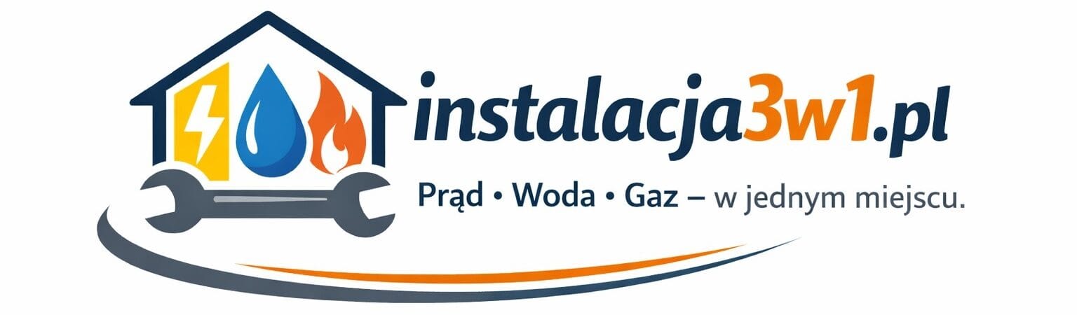 Poziome logo firmy instalacja3w1 z napisem Prąd, Woda, Gaz - w jednym miejscu.