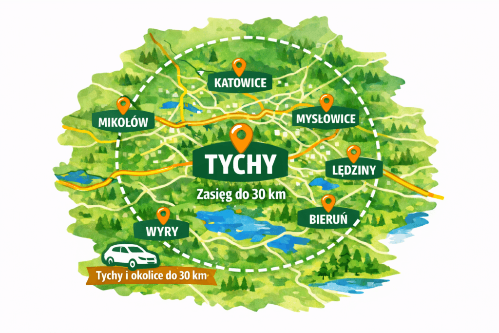 Zielona mapa Tychów oraz okręgu do 30 kilometrów usług przez firmę Instlacja3w1